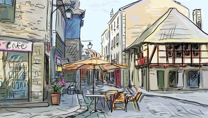 Fotobehang Tekening straatcafé Illustratie naar de oude stad