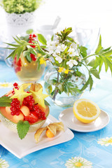 Obraz na płótnie Canvas Summer refreshment with dessert fruit and lemonade