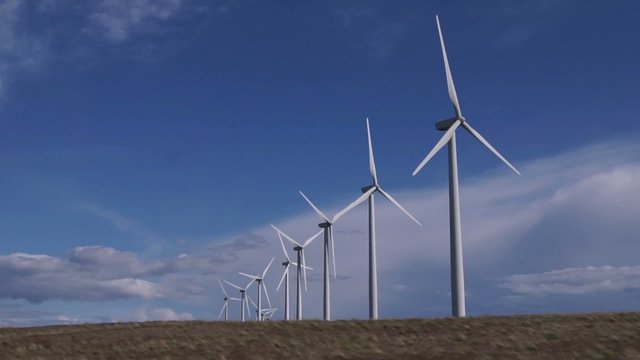 Line of wind turbines on farm land