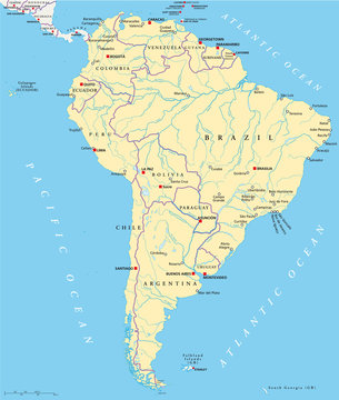South America political map with single states, capitals, most important cities, national borders, lakes and rivers. Illustration with English labeling and scaling. Vector.