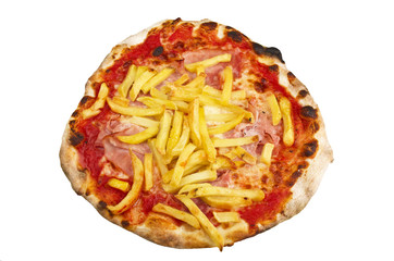 Pizza with ham and chips