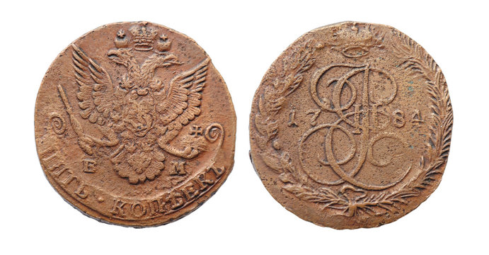 Coin of imperial Russia. 5 cents in 1784. Minting of Catherine I