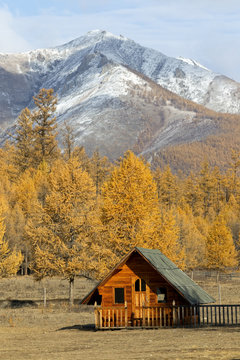 Wooden hut at Altai Mountains foothills,