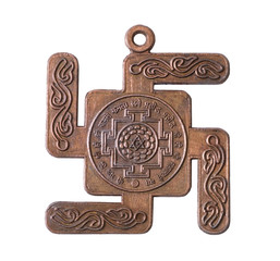Copper medallion buddhist swastika on white background