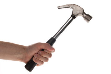 Man holding a old metal hammer, isolated on a white background