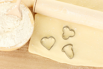 tins of cookies on the rolled out dough close-up