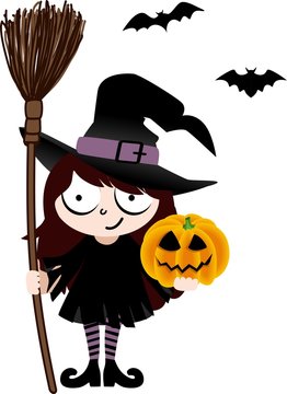 Witch with Broom and Pumpkin