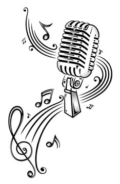 Mikrofon Microphon mit Musiknoten und Notenschl&uuml;ssel in Silber.