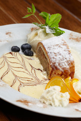 apple strudel with vanilla ice cream