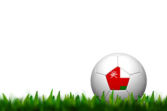 3D Soccer balll Oman Flag Patter on green grass over white backg
