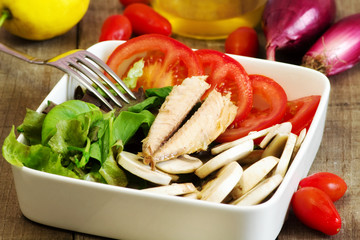 delicious salad with mackerel and mushrooms