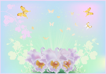 Obraz na płótnie Canvas różowe kwiaty orchidei i żółte motyle