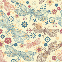 vector seamless pattern with  dragonflies and flowers
