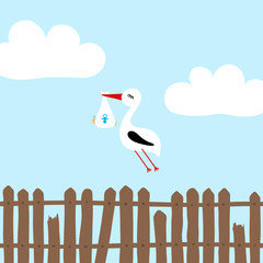 Tall Flying Stork With Baby Boy Fence Blue
