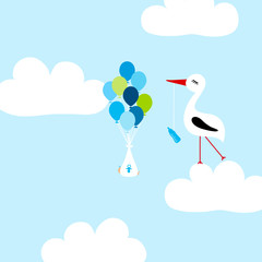 Tall Stork On Cloud Baby Boy Flying Balloons Blue