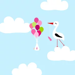 Fotobehang Hemel Tall Stork On Cloud Baby Girl Flying Balloons Blauw