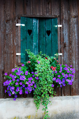 wooden window decorated with flowers
