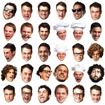 big collection of person faces over white background