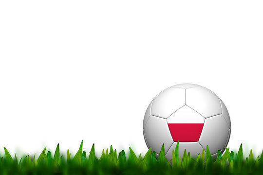 3D Soccer balll Poland Flag Patter on green grass over white bac