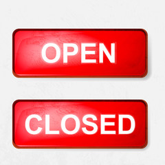 a sign of open and closed in red on a white background