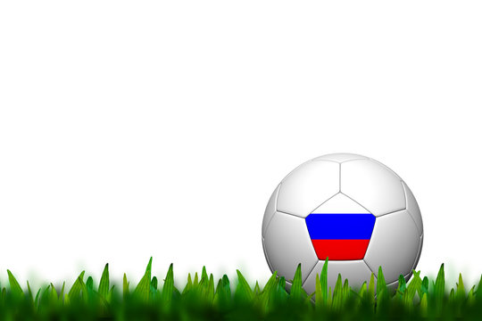 3D Soccer balll Russia Flag Patter on green grass over white bac