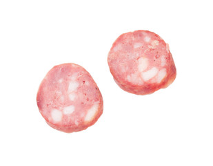two pieces of sausage on a white background