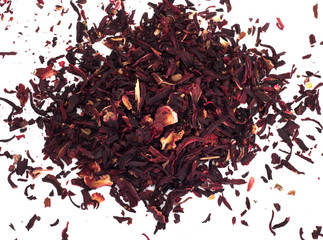 Hibiscus red tea,also known as carcade on white background