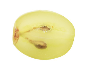 Translucent slice of green grape fruit, macro isolated on white