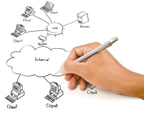 Hand drawing LAN diagram on the whiteboard.