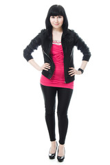 young girl with long hair, black leather jacket