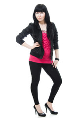 Fototapeta premium young girl with long hair, black leather jacket