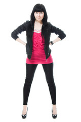 young girl with long hair, black leather jacket