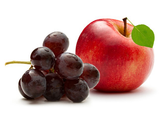 Red apple and grape on the white