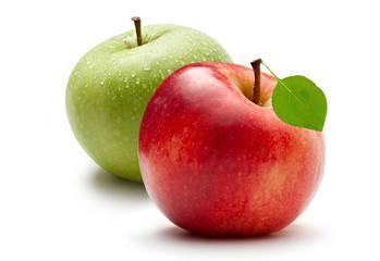 Green and red apple on white background