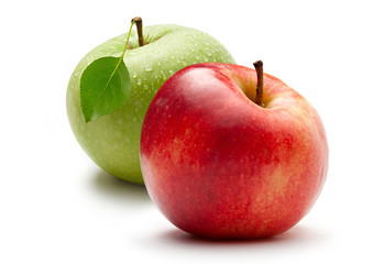 Green and red apple on white background