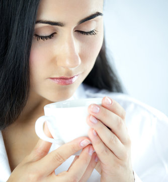 Beautiful Young Girl With Cup of Aromatic Black Coffee