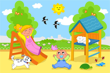Bambini felici al parco giochi in primavera
