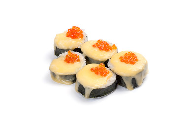 Futomaki. Ikura cheese. On a white background. Red caviar, tobik