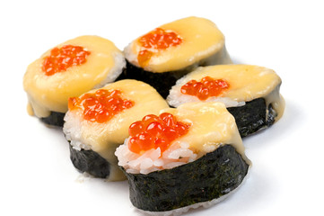 Futomaki. Ikura cheese. On a white background. Red caviar, tobik