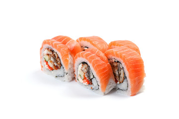 Uramaki. Syake unagi maki. On a white background. Salmon, smoked