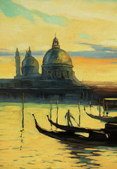 gondolas on landing stage in venice, painting by oil paints on a