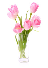 Pink tulips bouquet in vase isolated on white background