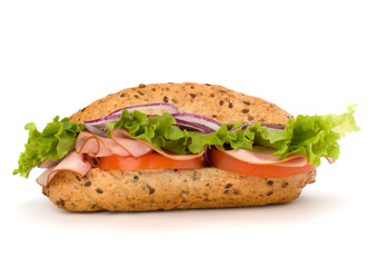 fast food baguette sandwich with lettuce, tomato, ham and chees