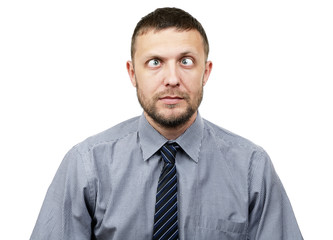 Funny bearded businessman makes funny eyes on white