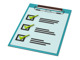 3d illustration of note paper clipboard with check list