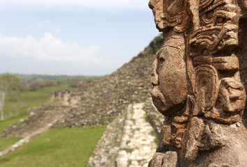 maya ruins in jungle, portrait of the God, Tonina in Mexico