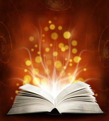 Book. Opened magic book with magic light. Education