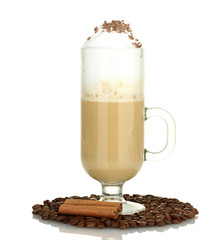 glass of coffee cocktail with coffee beans and cinnamon isolated