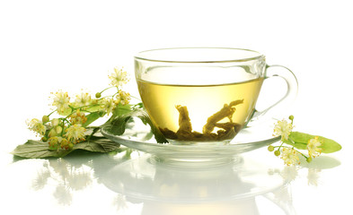 cup of linden tea and flowers isolated on white