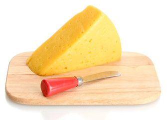 tasty cheese and knife on wooden cutting board isolated on